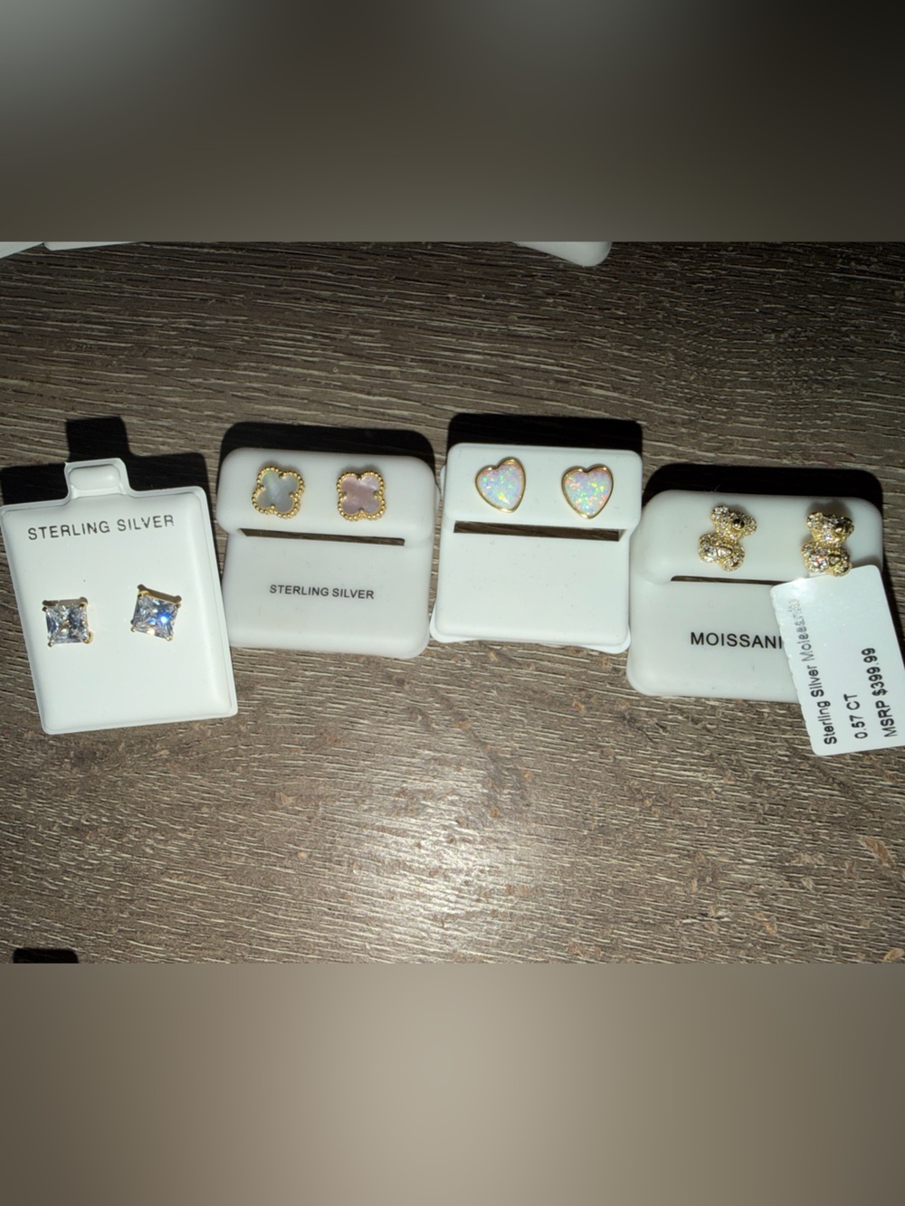 Moissanite 925 princess, clover, heart opal and teddy bear stud earrings